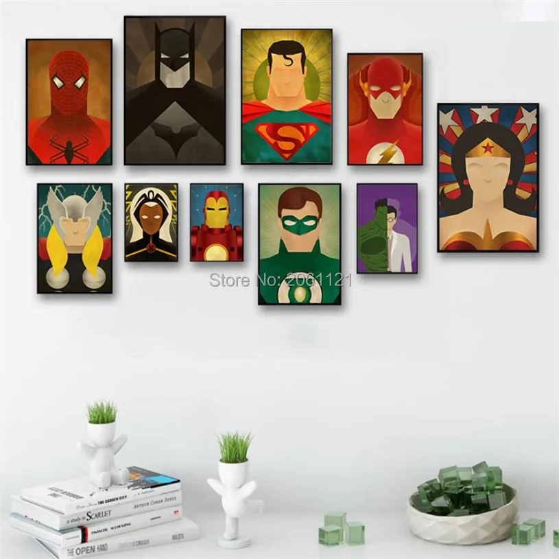 

HD Prints Modern Marvel Superhero Canvas Painting For Boy Kids Room cartoon Poster Batman Spider man Green Lantern Wall Picture