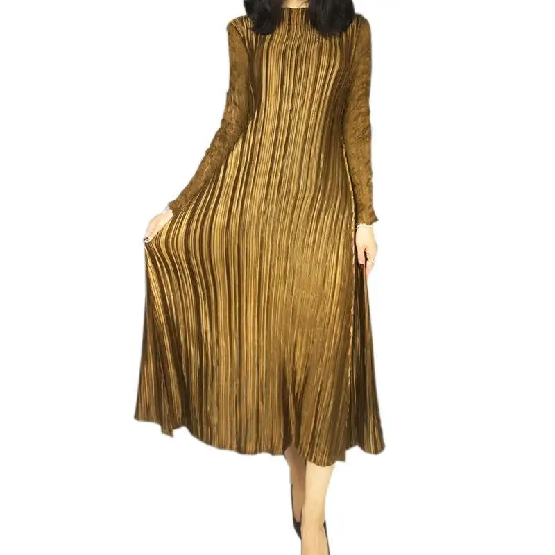 LANMREM высокое качество Новая мода кружева полный рукав лоскутное круглый воротник Плиссированное женское длинное платье Vestido YE699
