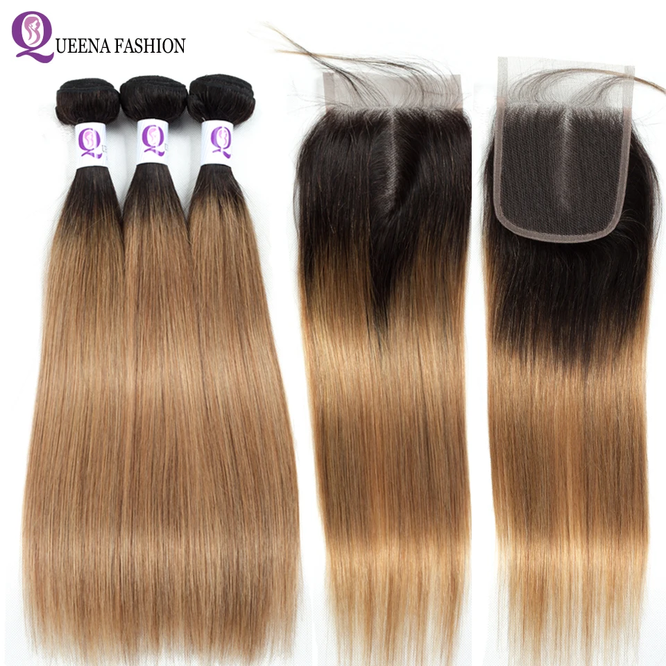 

3 Bundles Malaysian Hair Bundles With Closure Ombre 1B/27 Two Tone Ombre Straight Hair Bundles With Closure Non Remy Human Hair