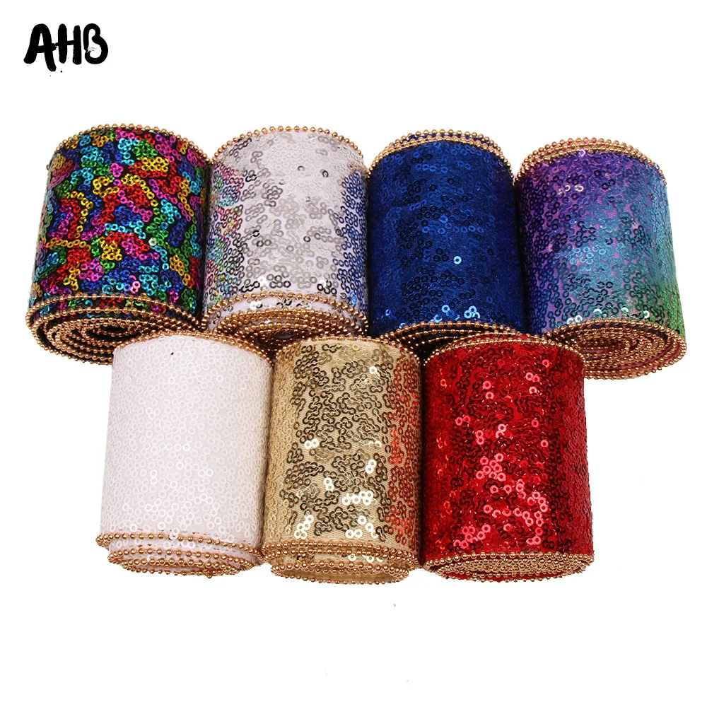 

AHB 75mm Solid Sequin Ribbon With Golden Bead Rim DIY Hairbows Accessories Apparel Sewing Fabric Home Textile Sequin Ribbon 2y