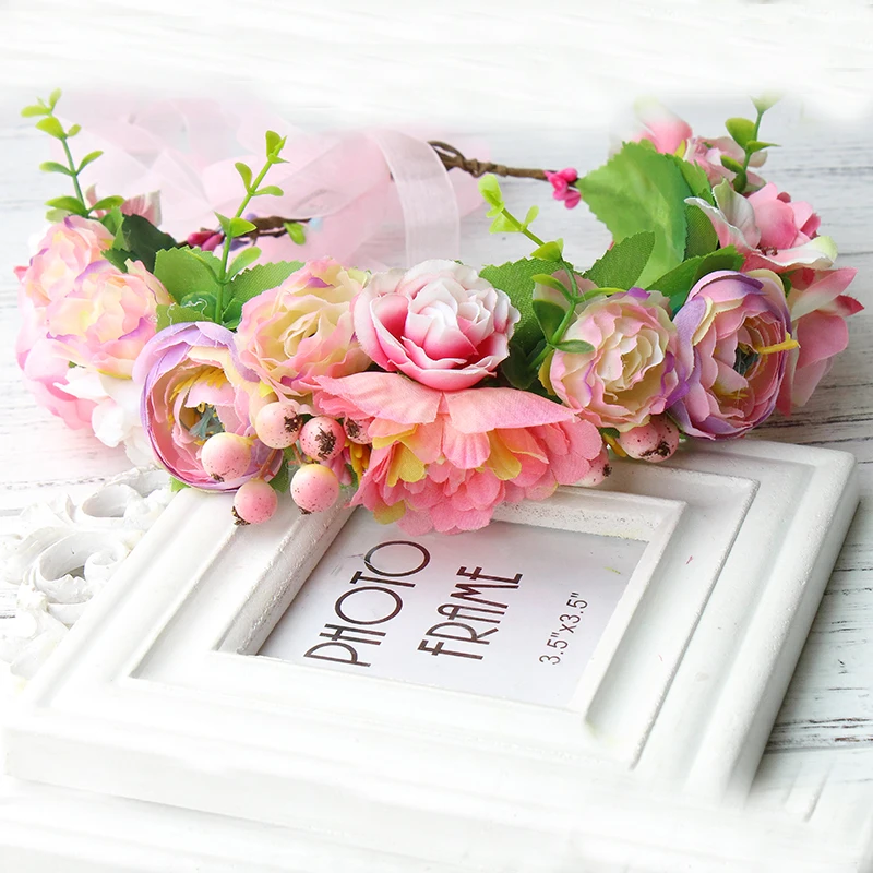 

flower wreath headband women Rattan simulation flower head festival wedding kids flower crown ribbon adjustable wreath