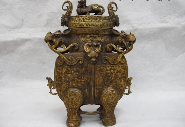

S0199 China Folk Classic Copper Bronze cattle OX Foo Dog beast veins Zun Pot Jar Vase D0318