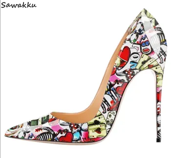 

Luxury Brand Designers Shoes Woman Graffiti High Heels Patent Leather Printed Pumps 12cm Stiletto High Heels Large Size 45