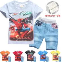 Новые летние дети хлопка Костюмы комплекты Комплекты одежды для маленьких мальчиков с рисунком Человек-паук детская футболка+ шорты 2 шт. Повседневное спортивный костюм