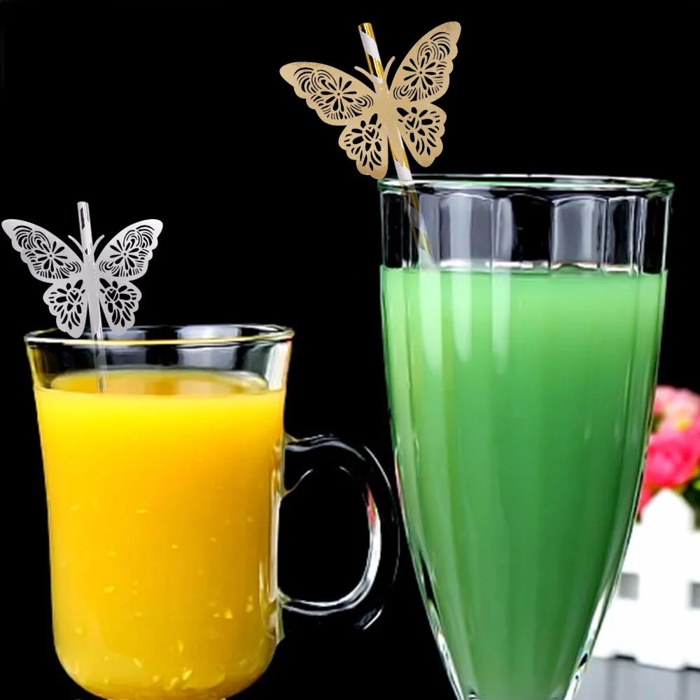 25pcs gold silver Striped Straw and 3D PVC butterfly for Romantic Wedding Party Decoration DIY birthday party bar Decoration