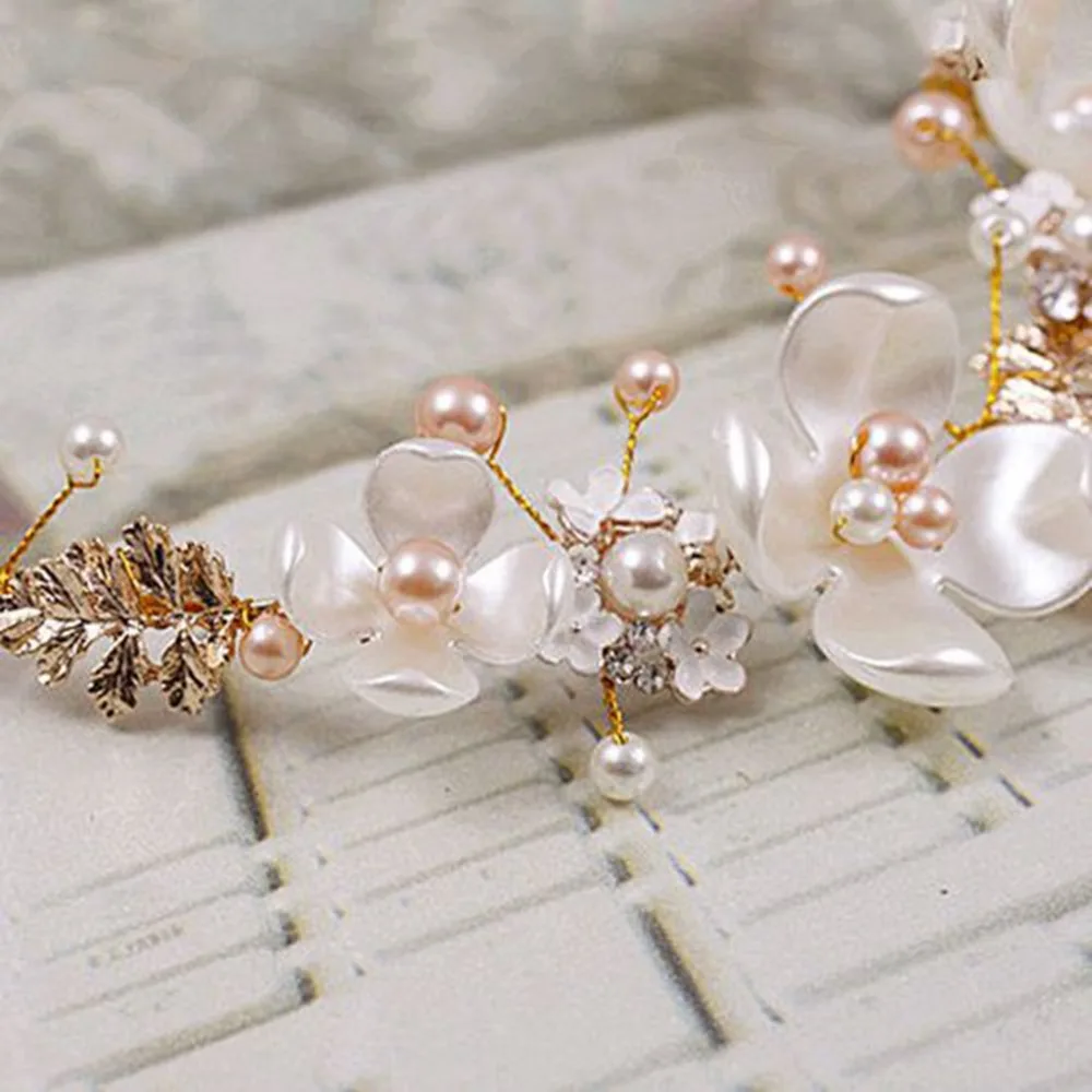 Изысканный жемчужный керамический цветочный цвет золотистый Свадебный ободок headdress11