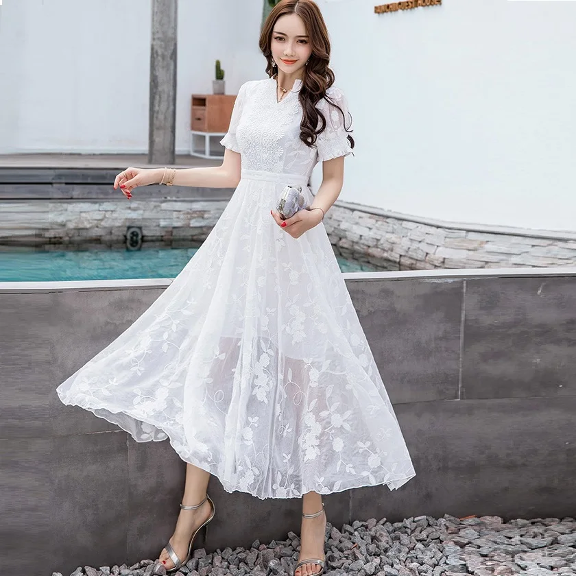 New2018summer Women Beautiful Long Dress V Neck Big Bottom Elegant