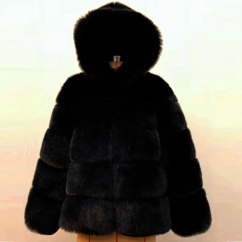 Winter Thick Warm Faux Fur Coat Women Plus Size Hooded Long Sleeve Faux Fur Jacket Luxury Winter Fur Outwear PC313 - Цвет: black