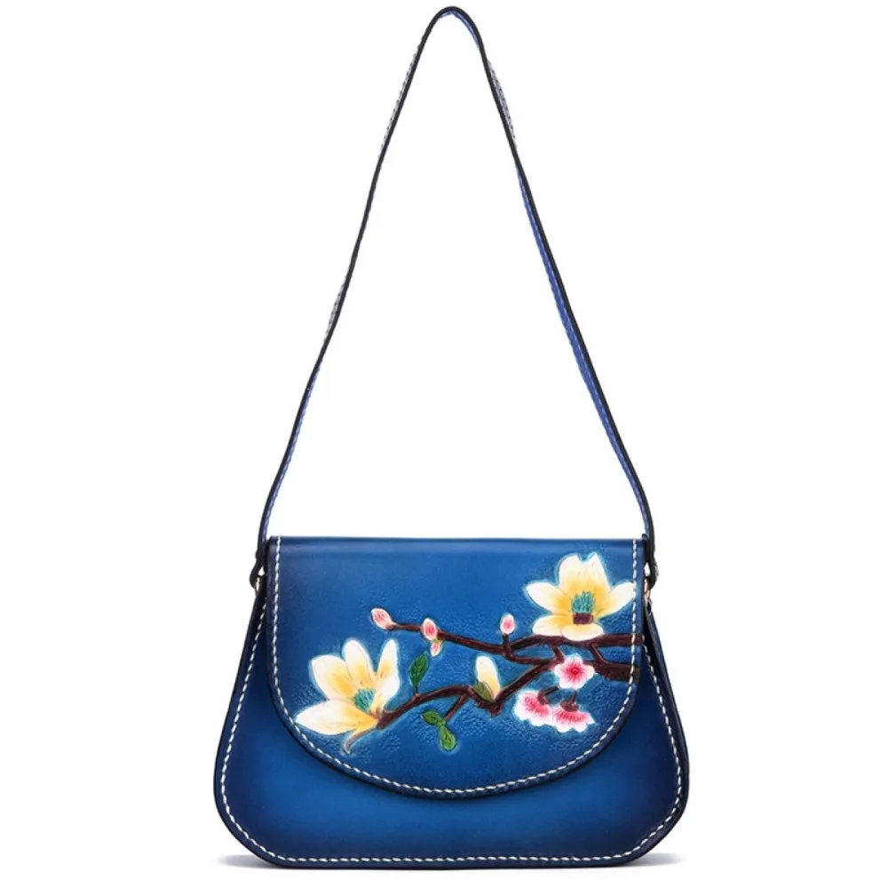 

Hand Stitched Genuine Cow Leather Engraved Women Saddle Bag Female Crossbody Shoulder Bag China Style Lady Flower Messenger Bag