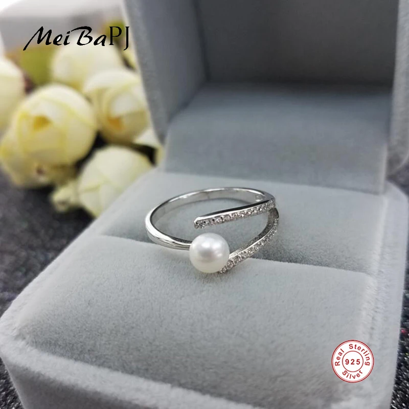 

[MeiBaPJ]High Quality Freshwater Pearl Y Ring Jewelry With Designs Simplicity S925 Sterling Silver Adjustable Ring for Women