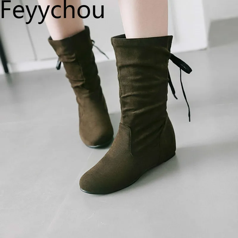 

Women Boots Autumn Winter Low Heel Warm Flock Round Toe Butterfly-knot Slip on Mid-calf Shoe 2018 New Fashion Black Red Green