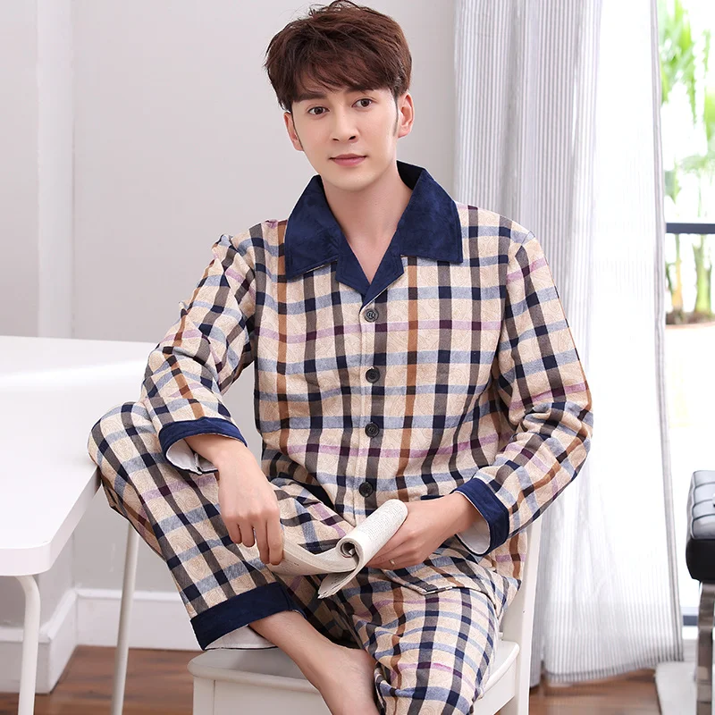 Men Thick Pajamas Cotton Quilted Plaid Sleepwear Men Long Sleeve Home