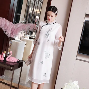 

White Dress Vintage Elegant Women Spring Summer Chinese Style Embroidery Stand Collar 3/4 Sleeve Loose A Line Dress S-2XL
