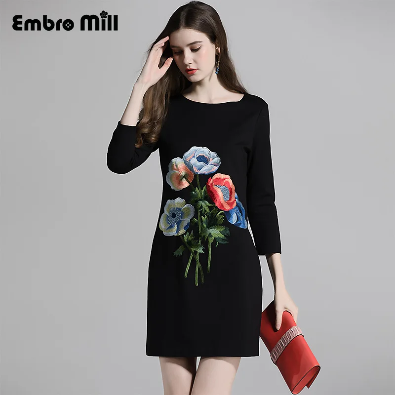 Embro Mill черное платье для женщин осень зима o образным вырезом на запястье рукав