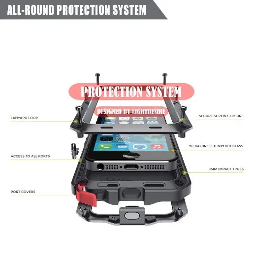 Luxury Doom armor Dirt Shock Waterproof Metal Aluminum phone bags case For iphone 8 7 5S 5 SE 4 X 6 6S Plus cover+Tempered glass