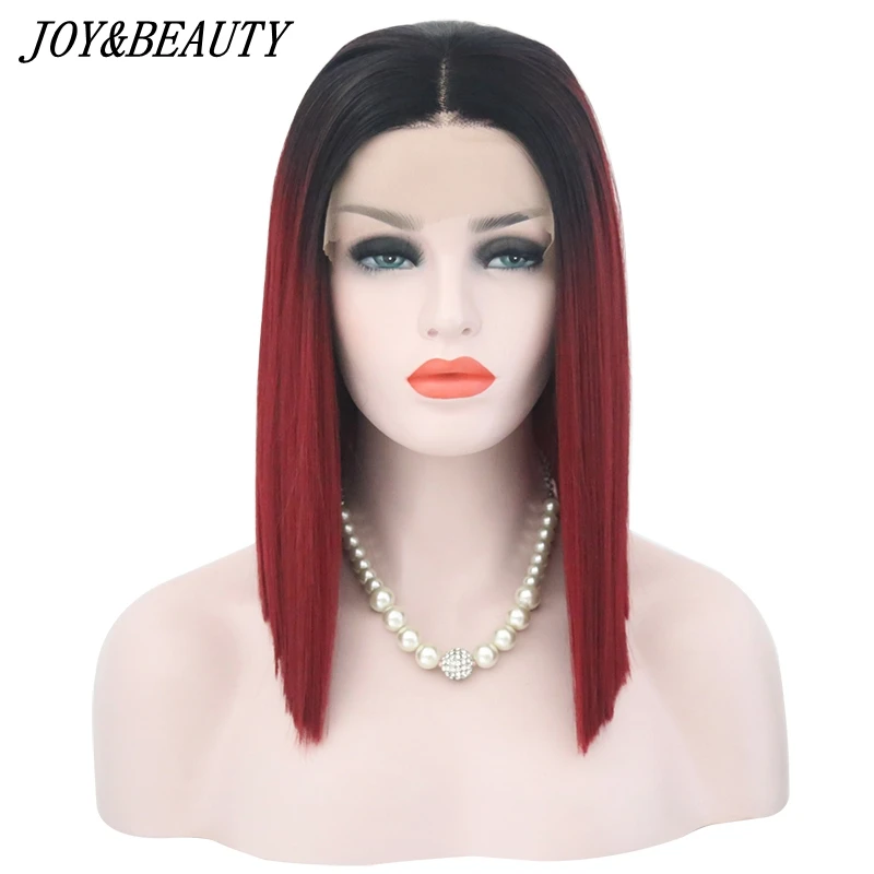 

JOY&BEAUTY Synthetic Lace Front Wig Short Bob Wig Ombre Wine Red Burgundy 14 Inch Middle Part Glueless Short Straight Wig