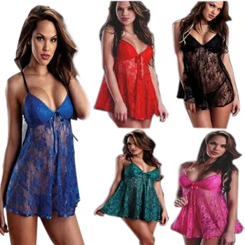 

Sexy Baby Doll Erotic Sleepwear Spaghetti Strap V-Neck Backless Pajamas Print Transparent Lace Sexy Women Sleepwear vestidos
