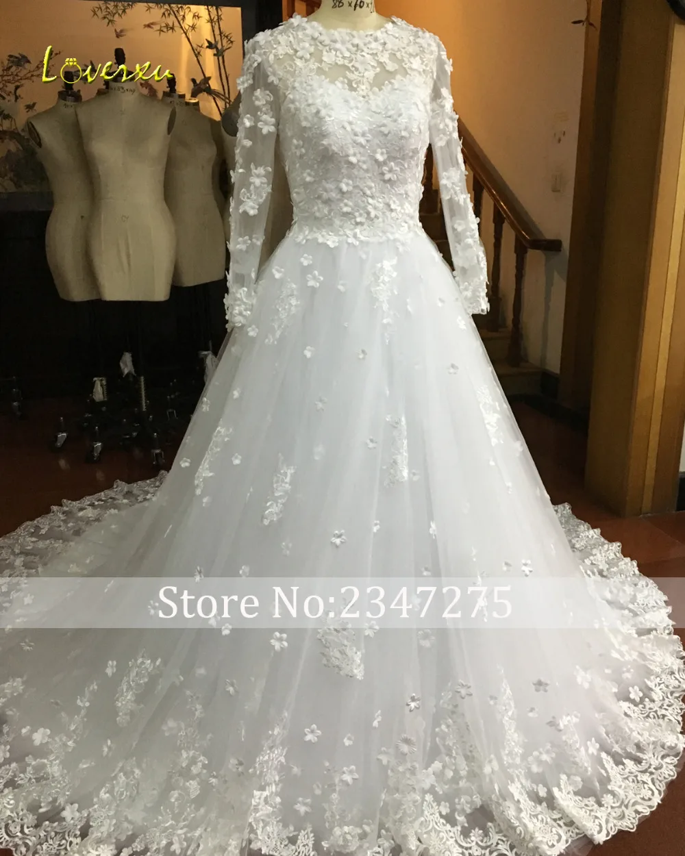 Loverxu Vestido De Noiva с длинным рукавом Цветочные подвенечные платья аппликации Часовня Поезд линии Boho недорогое свадебное платье плюс Размеры