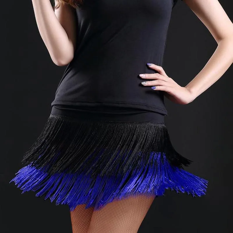 Юбка для латинских танцев, модная женская дизайнерская юбка с двойной бахромой для латинских танцев, платье с бахромой для выступлений, женские юбки для занятий танцами, 8 цветов - Цвет: Royal blue