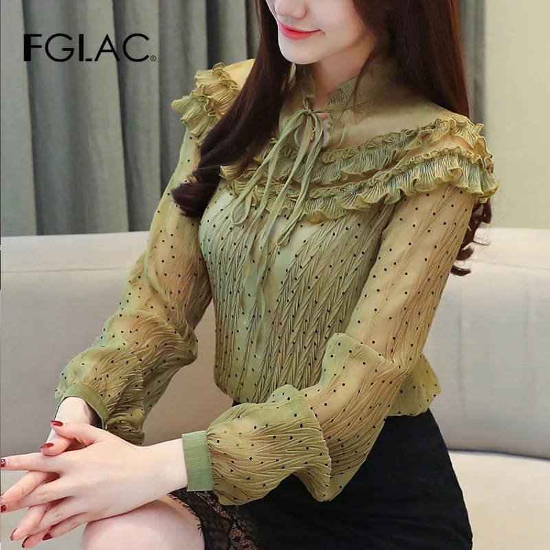 FGLAC для женщин кружево Топы корректирующие модные повседневное выдалбливают элегантная Шифоновая Блузка ПР блузка, рубашка с оборками blusas