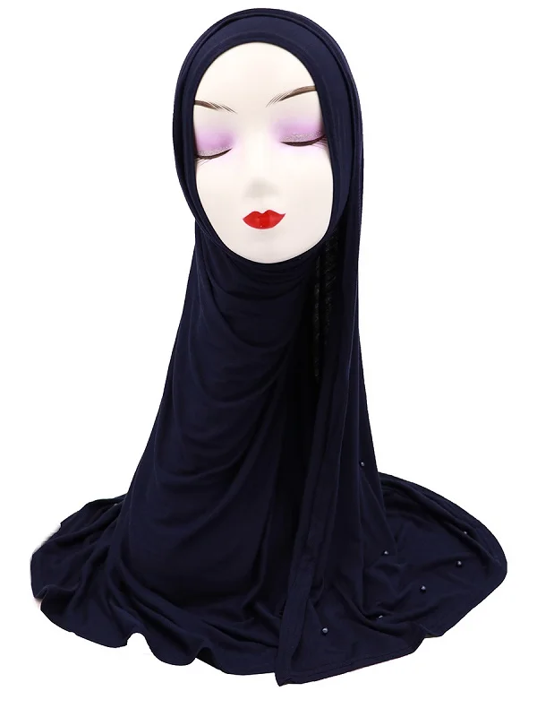 Качественное однотонное Бисероплетение мусульманский хлопковый шарф хиджаб трикотажные палантины Женская Вуаль головной платок Исламская длинная платочная повязка на голову 170x70 см