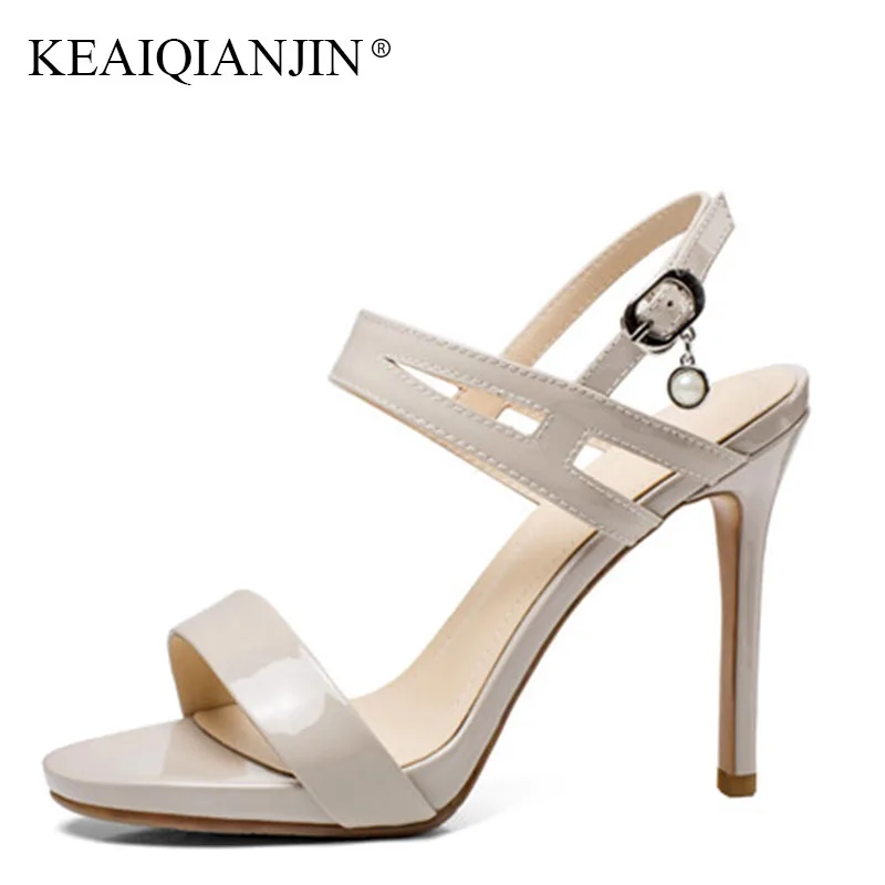 

KEAIQIANJIN Woman Genuine Leather Peep Toe Sandal Fashion Black Apricot High Heels Shoes Sexy Genuine Leather Open Toe Sandal