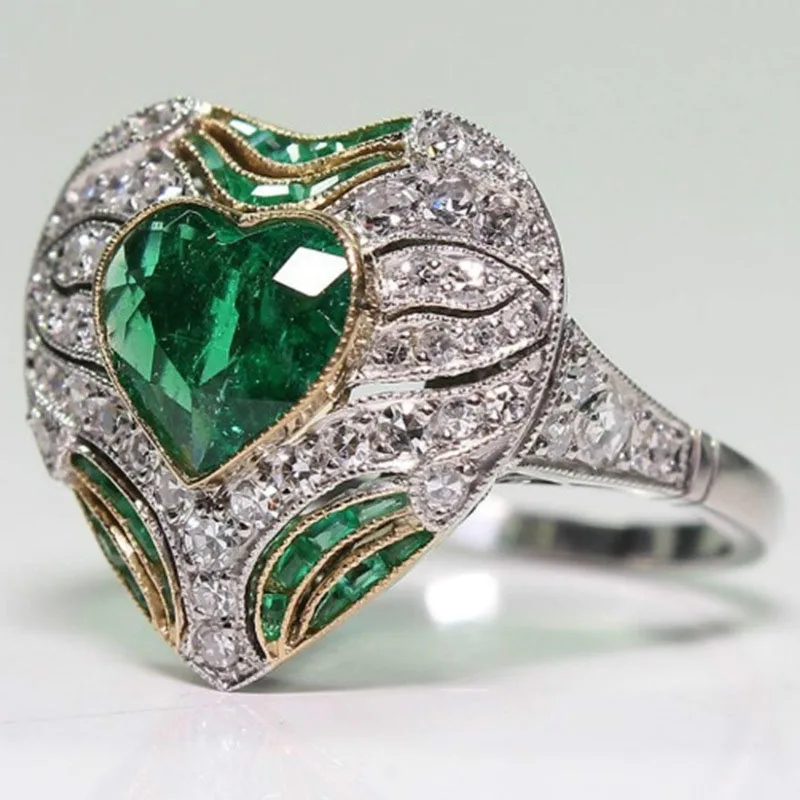 Женская мода в форме большого сердца кольцо с зеленым камнем Роскошный горный хрусталь Обручальные кольца для влюбленных ювелирных изделий Z3M097