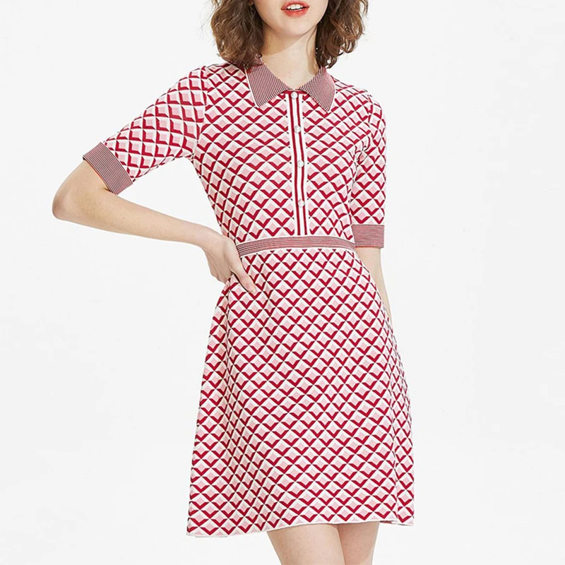 

Tunjuefs Knitted Elegant Button Party Dress Women Robe Color Block Striped Dress Bodycon Summer Runway Vestido Slim Pullovers