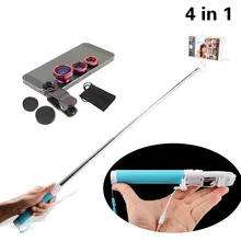 4в1 комплект 3 в 1 зажим объектив рыбий глаз Широкоугольный макро объектив мобильного телефона проводной монопод с кнопкой спуска затвора монопод для iPhone 5 6 6s 7 Plus