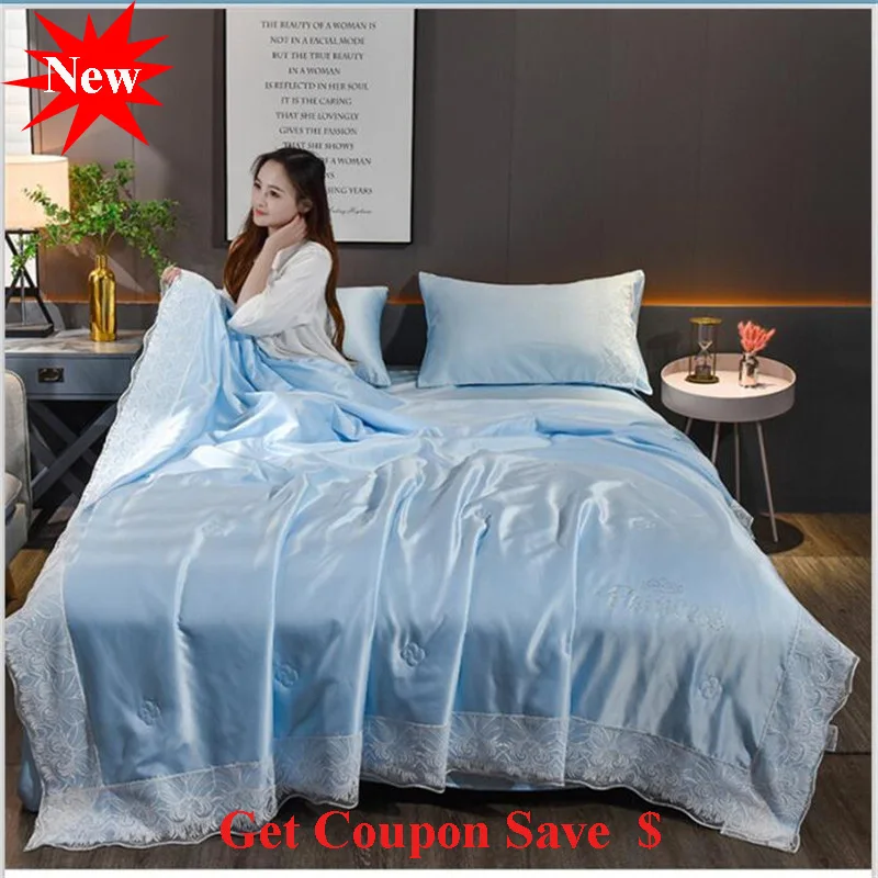 

free shipping Lace Edge 4pcs washed silk summer duvet sets cool pillowcase bed sheet summer quilt sets air conditioning quilt