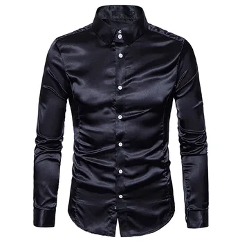 

Black Silk Satin Shirt Men 2019 Fashion Wedding Tuxedo Shirt Man Slim Fit Long Sleeve Mens Dress Shirts Camisa Social Masculina