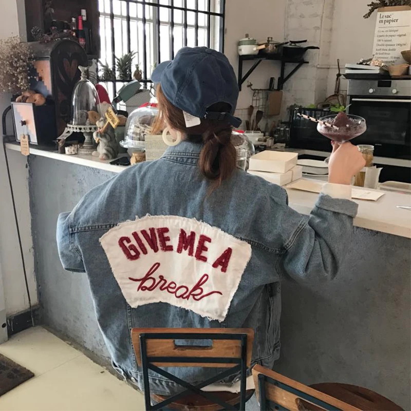 

Letter Print Korean Loose Denim Jacket 2019 Spring and Autumn New Female Light Thin Jacket