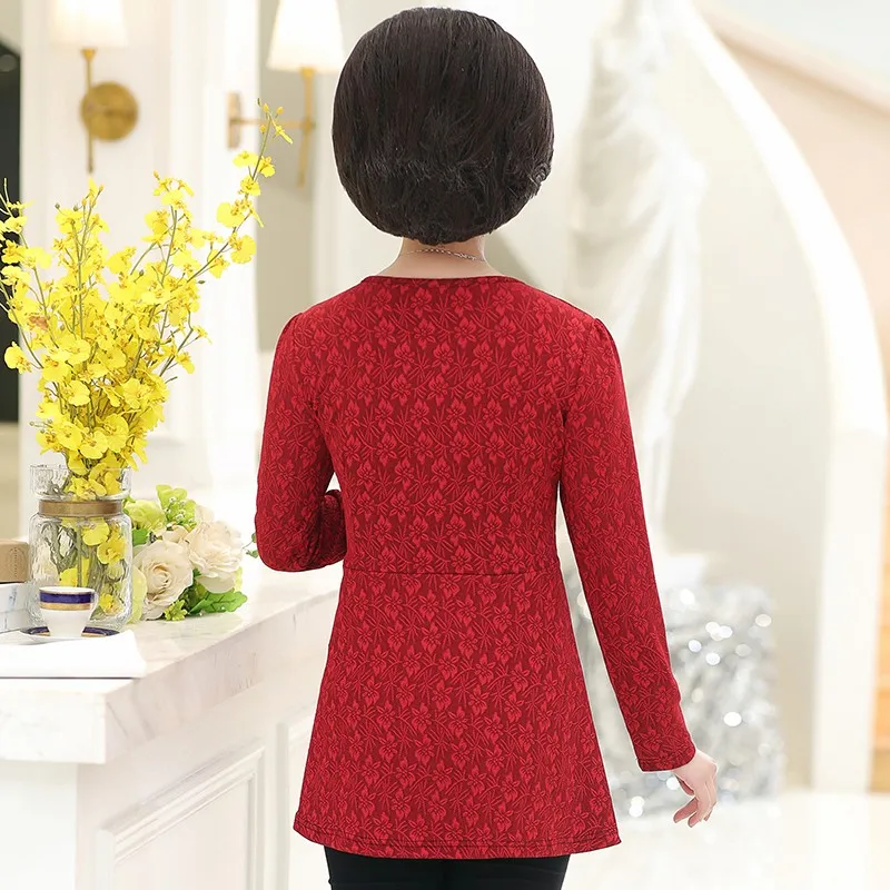 Spring New Middle-Aged Women Tops& Tees O-Neck Fashion Print Thickening Long T Shirt Women T363