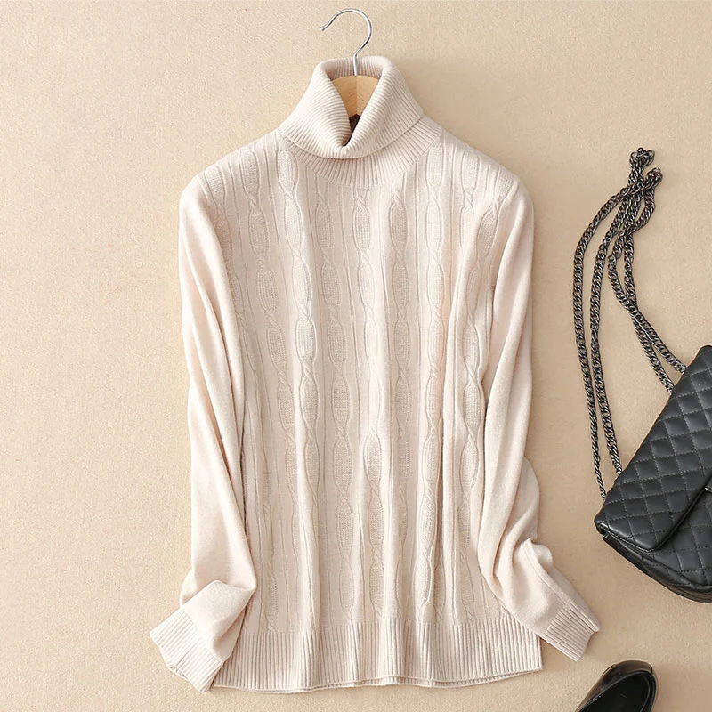 

Women Turtleneck Sweater Fashion 100% Wool Pullovers Autumn Winter Ladies Solid Color Knitted Sweaters