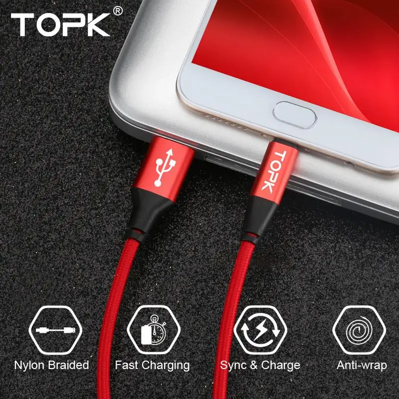 TOPK Micro USB кабель Нейлон Плетеный синхронизации данных телефонный кабель для samsung Galaxy S7 край S6 Microusb кабель для зарядки