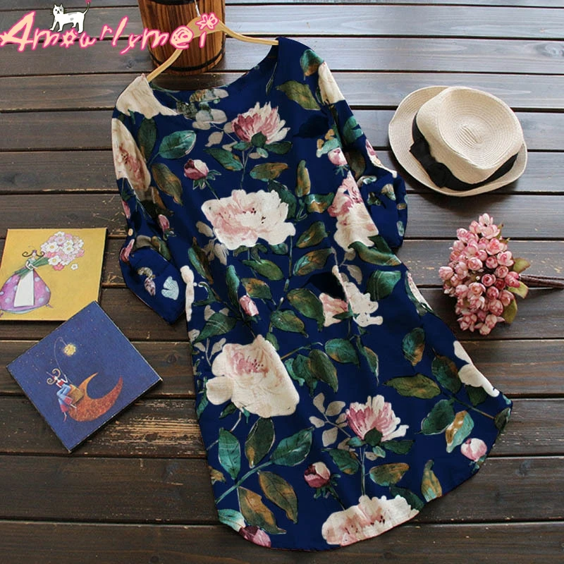 

2018 Autumn Women Dress Mori Girl O Neck Long Sleeve Cotton Linen Vestido Vintage Floral Printed Casual Loose Plus Size Dresses