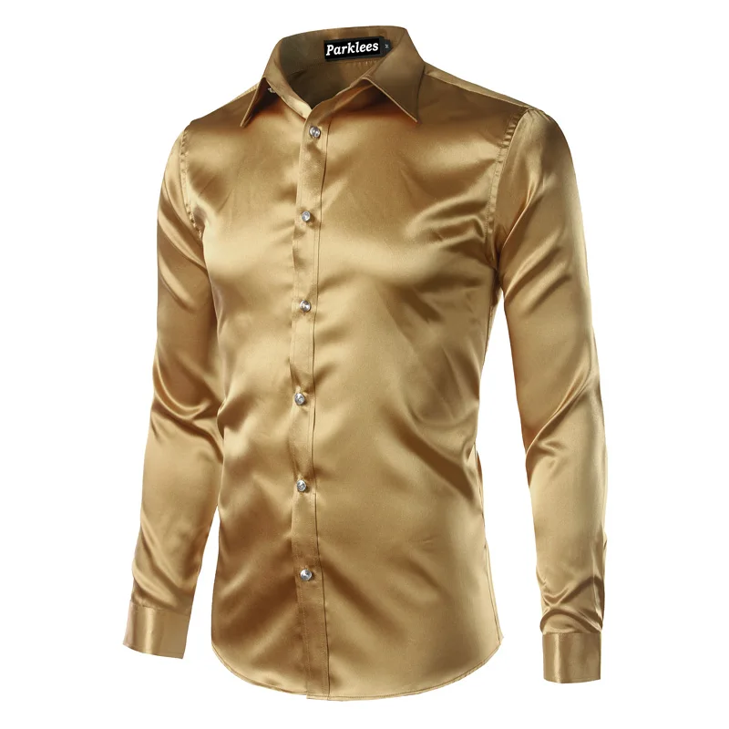 New Gold Silk Satin Shirt Men Chemise 