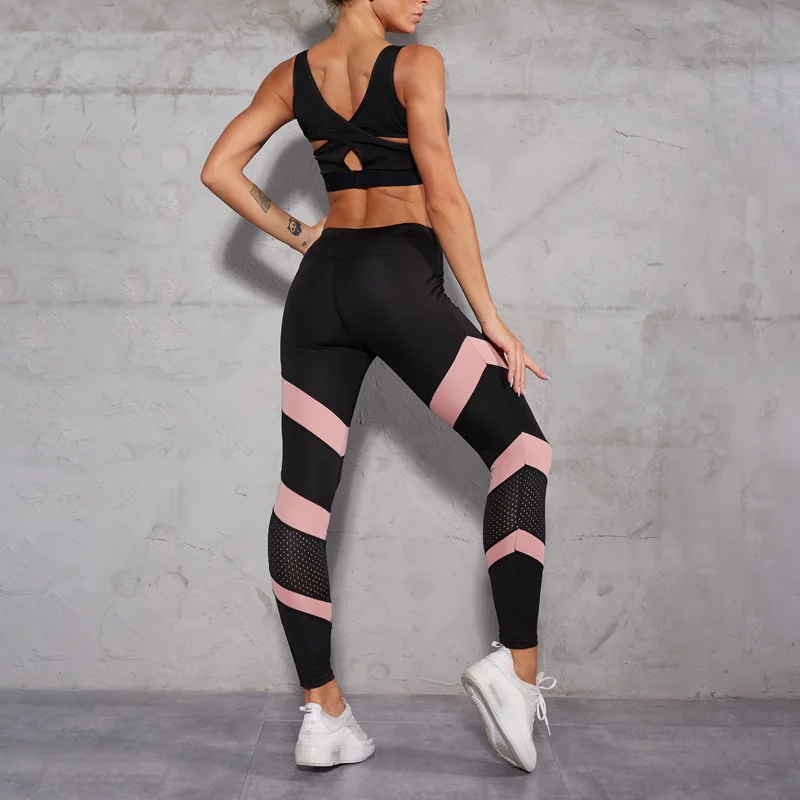 NORMOV Women High Waist Mesh Leggings Patchwork Breathable Slim Fitness Workout Leggings Female Elastic Striped Leggings