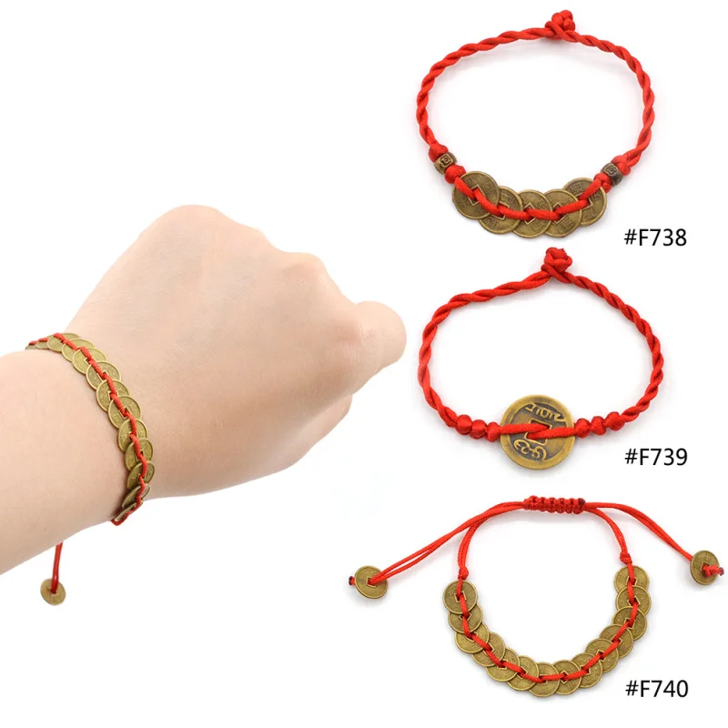

Lychee 1 piece Chinese Feng Shui Wealth Lucky Copper Coin Pendant Adjustable Red String Bracelet Jewelry