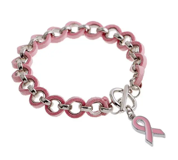 

2016 pink breast cancer awareness charm bracelet woman leather hand jewelry toggle chain