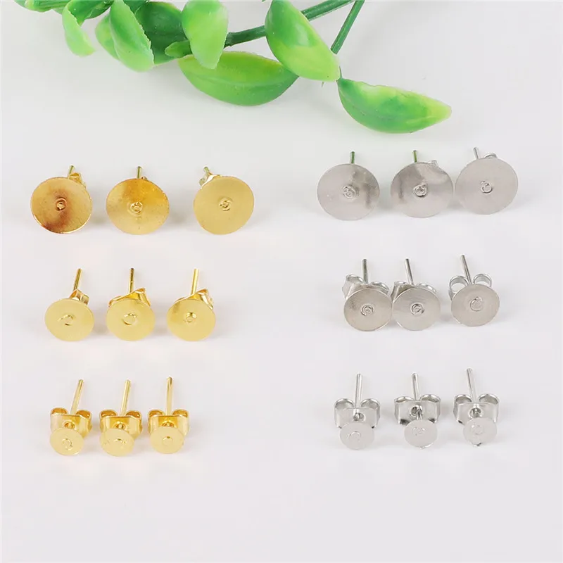 

100 set Metal Earring Back Earring Stud Set Fit 4 6 8mm Rhodium Gold Plating Earring Post Flat Base Pins DIY Earring Accessories