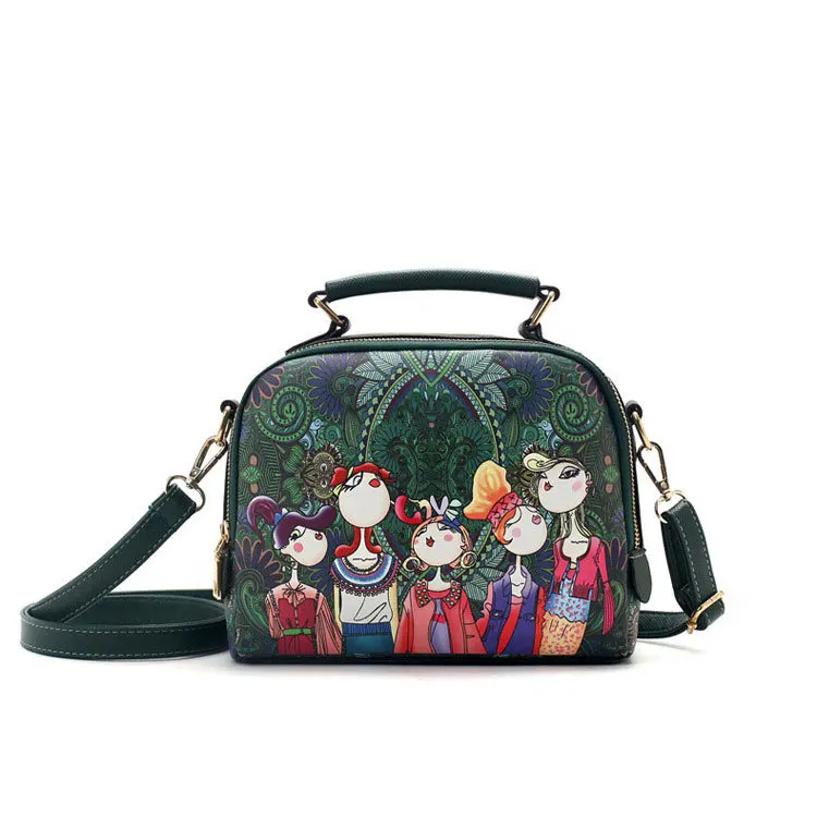 

High Quality Cartoon Printing Dark Green Forest Women Leather Messenger Shoulder Bag Character Crossbody Tote Bag Lady Handbags
