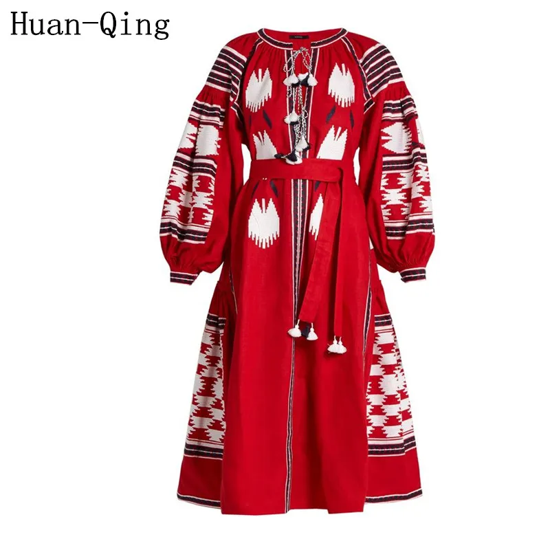 

Huan-Qing Nation Style Women's Vintage Embroidery Bohemian Belt Long Dress Lantern Sleeve Bandage Vestidos Elegant Party Dresses