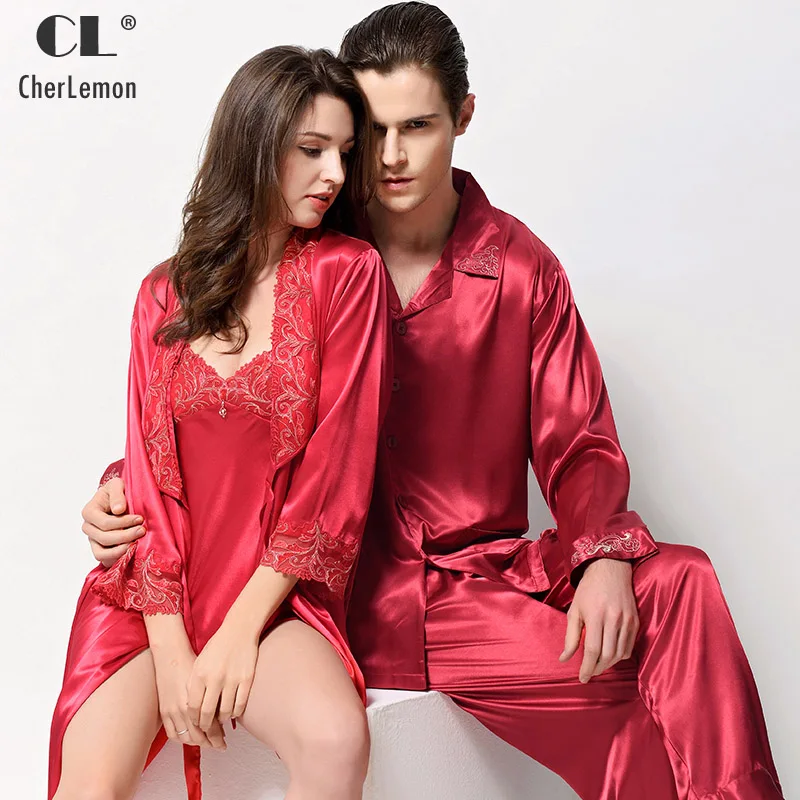 CherLemon/Свадебная атласная Шелковая пижама для влюбленных, Сексуальная кружевная вышивка, 3 предмета, пижамные комплекты для мужчин, 2 предмета, ночная одежда для сна с длинными рукавами