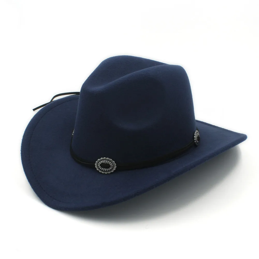 Модная шерстяная детская ковбойская шляпа в западном стиле для мальчиков и девочек, ковбойская Кепка в стиле джазовой церкви с кожаной кепкой Toca Sombrero, От 4 до 9 лет - Цвет: Dark Blue