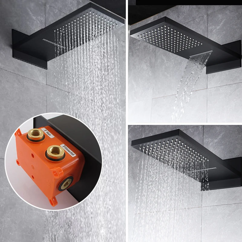 

Saving Water Black Shower Head Luxury Wall Mounted Embedded Box Bathroom Shower Accessories Waterfall Rainfall 2Functions SUS304