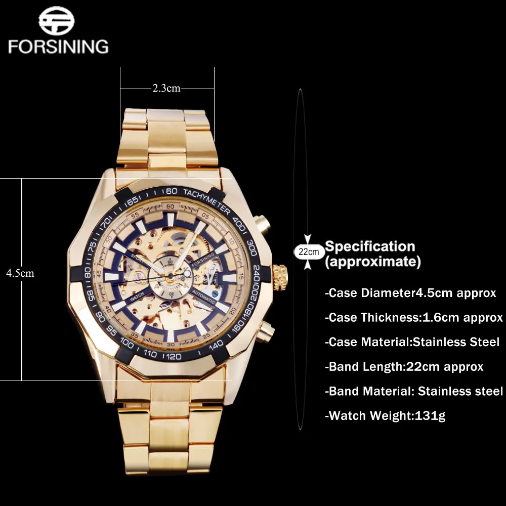 FORSINING الأعمال الرجال الهيكل العظمي ساعات أوتوماتيكية الذهب الفولاذ المقاوم للصدأ ساعات آلية الذكور اللباس ساعة Relogio Masculino