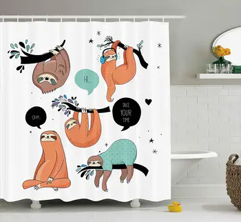 

Animal Decor Shower Curtain Cartoon Illustration Tribe of Sloths Smiles Sleeping Fabric Bathroom Decor Set with Hooks