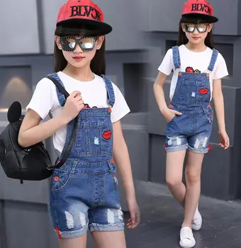Girls jeans, Korean version, summer lip label, cowboy, big boy strap, shorts, children 2018 new style children's wear. 2
