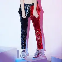 Новая мода бренд Джаз гарем женщин в стиле хип-хоп Штаны Танцы Свободные Черный Красный Лоскутное яркие цвета глянцевый бронзовый пот Штаны